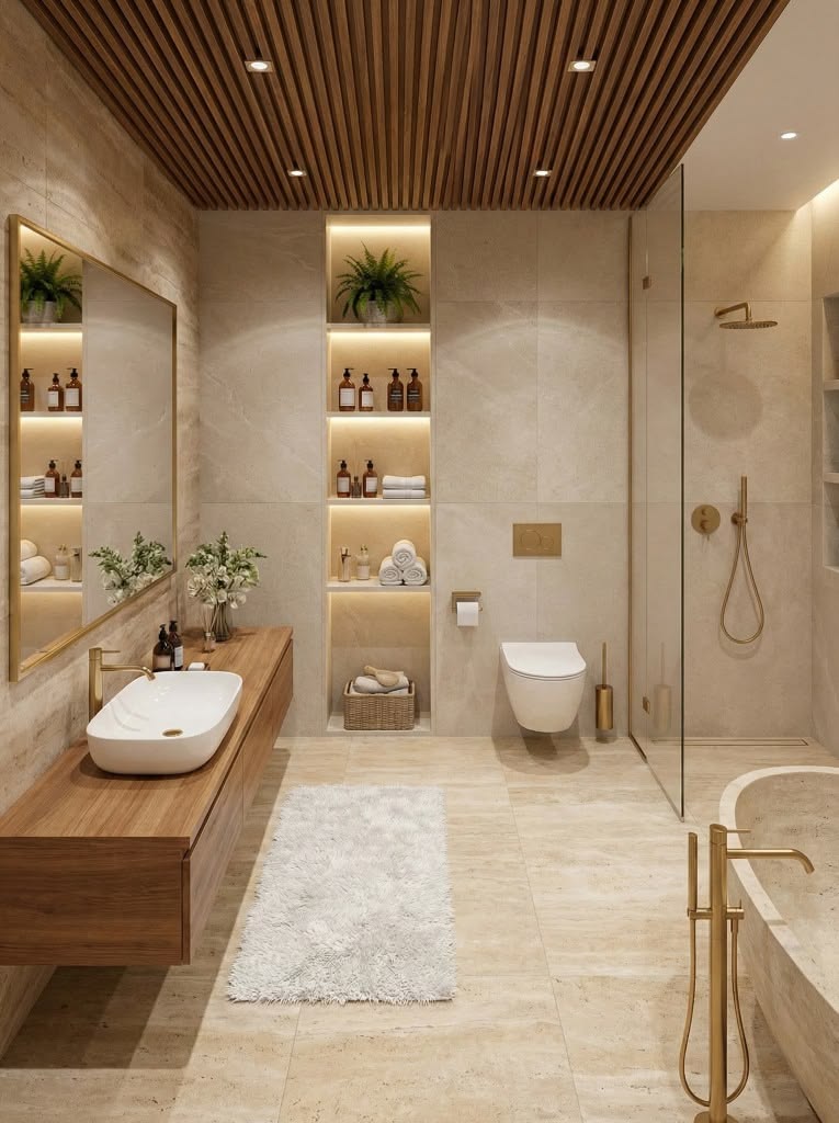 Spa-Inspired Luxury Bathroom with Large-Format Porcelain Slabs & Brass Fixtures #16